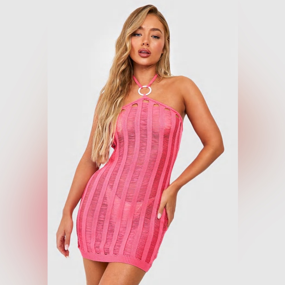 Boohoo LADDER CROCHET O-RING HALTER BEACH MINI DRESS